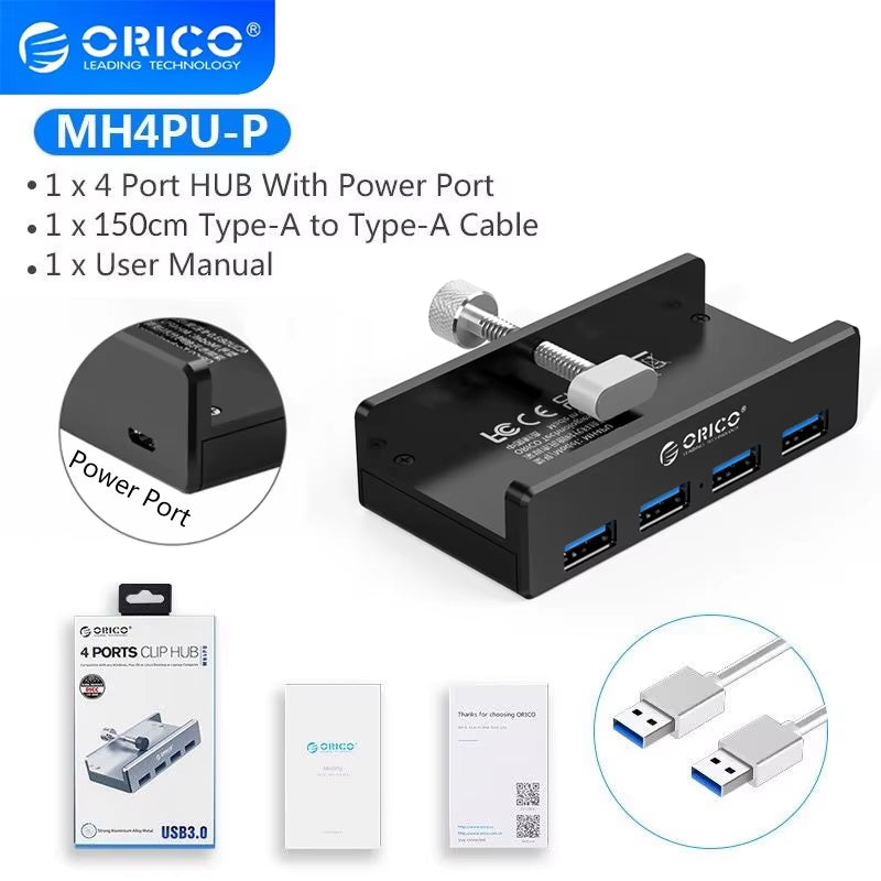 USB 3.0 Hub Clip Design Aluminum Alloy 4 Ports USB 3.0 HUB Travel Charger Charging Hub Station 5Gbps Data Transmission